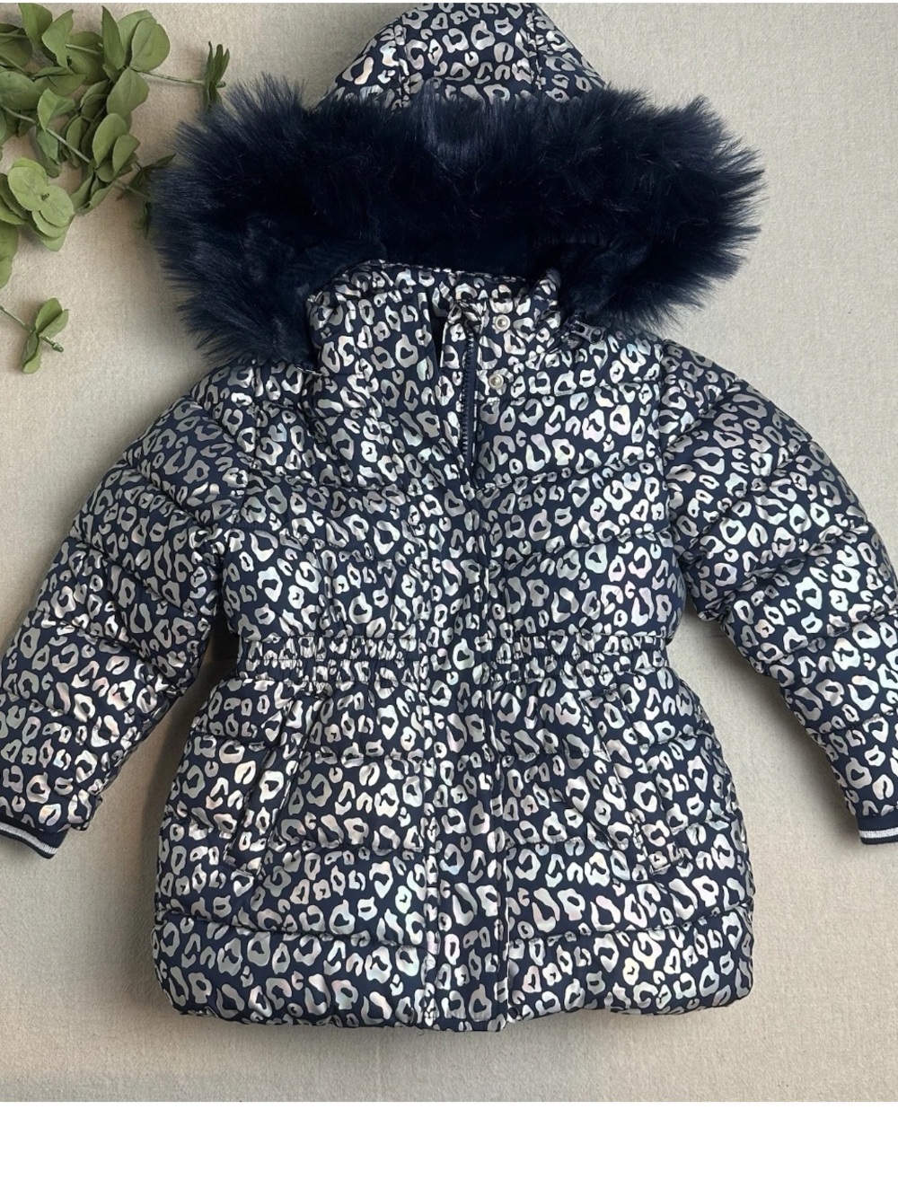 Member’s Mark Toddler Girls Size 4T Puffer Coat Jacket Navy Leopard Iridescent